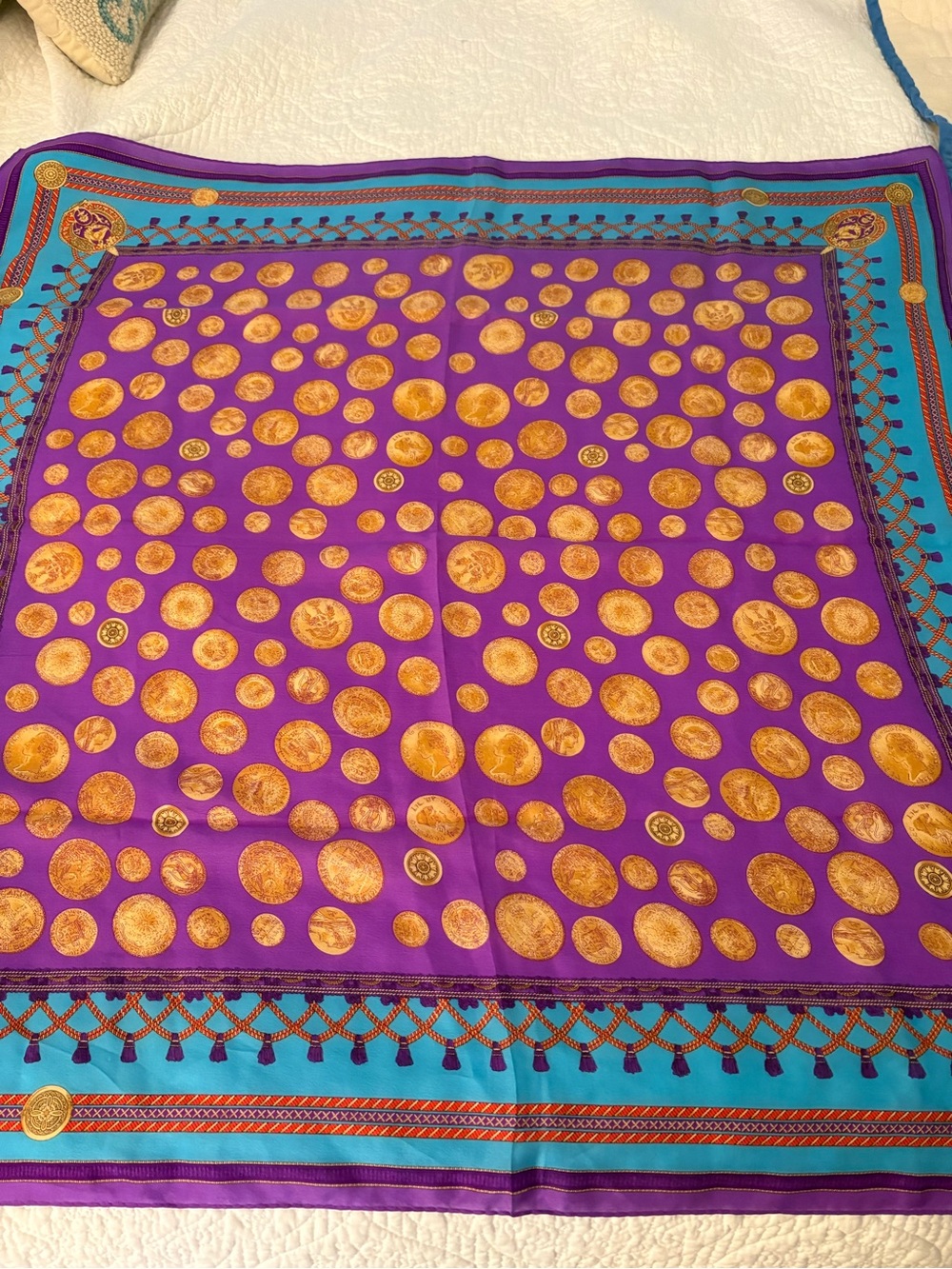 Vintage Elaine Gold Purple and Gold Medallion Silk Scarf - 31” Square